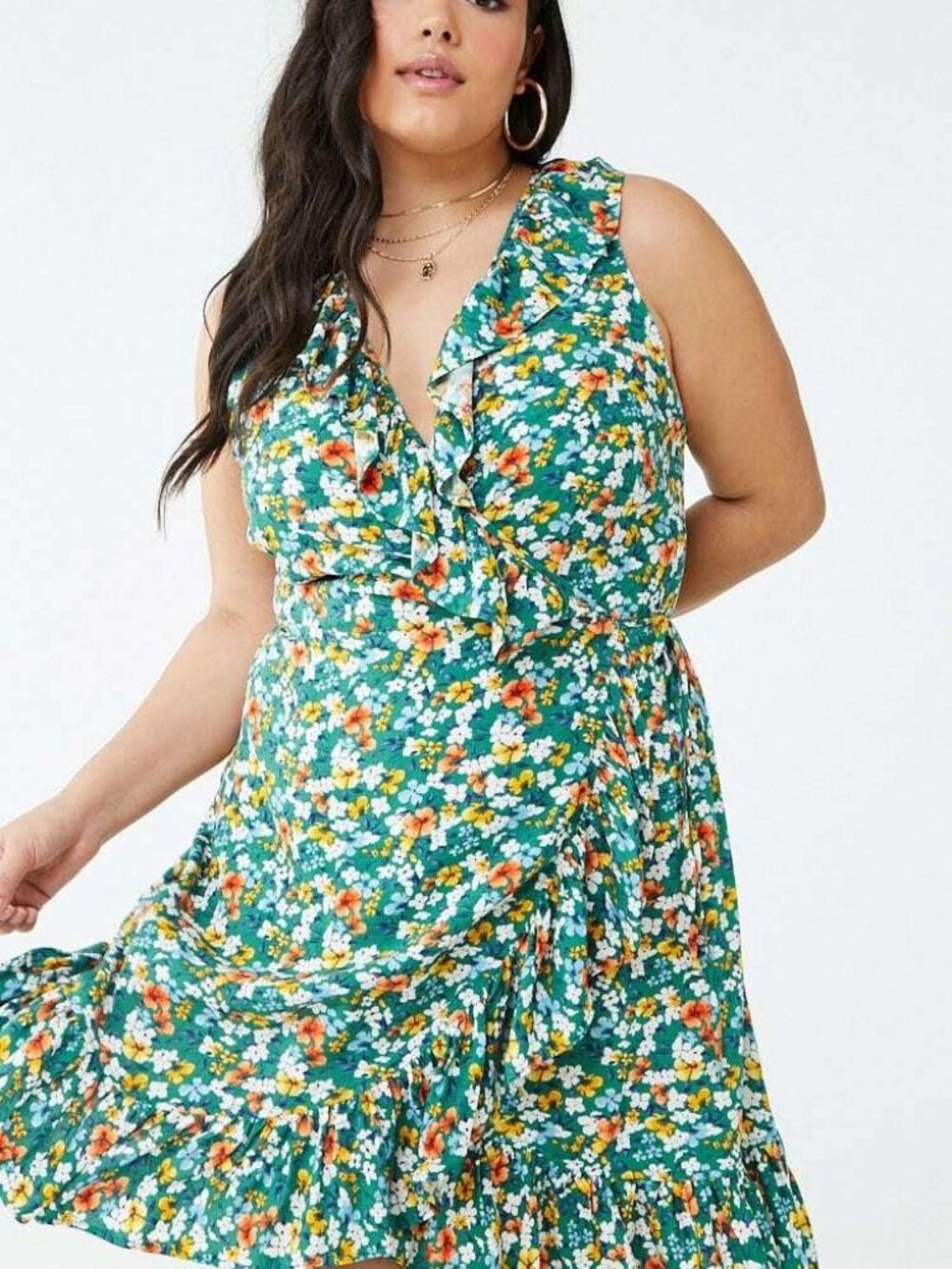Forever 21 Green Multi Plus Size Floral Ruffle-Trim Wrap Dress 3X